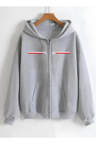 modaberry Natural Realm Paris Cardigan - Gray Printed Winter Oversize Hooded Cardigan with Zippered Pocket Detail