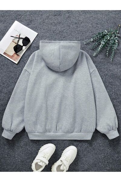 modaberry Michigan 32 Cardigan - Gray Printed Winter Oversize Hooded Zipper Pocket Detailed Cardigan
