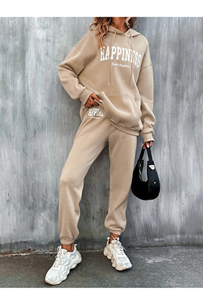 SeusCraft Γυναικείο Σετ Φόρμας Μπεζ Happiness Alt Top και Παντελόνι Oversize ...