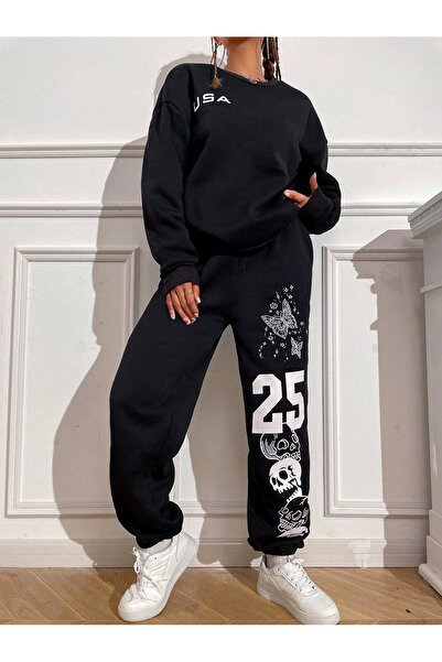 Mythologie USA 25 Skull Sweatshirt Sweatpants Jogger - Black Printed Bottom Top Tracksuit Set Crew Neck