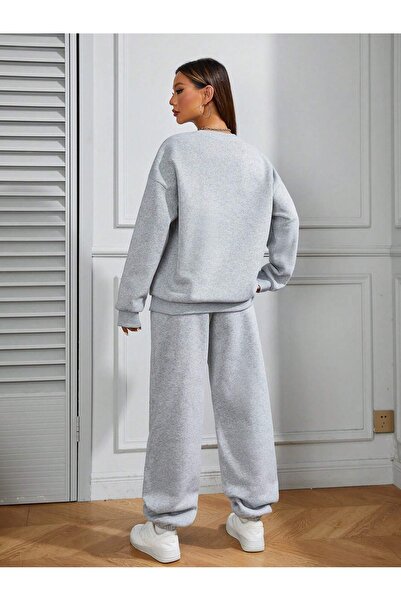 Mythologie USA 25 Skull Sweatshirt Sweatpants Jogger - طقم بدلة رياضية رمادية مطبوعة من الأسفل ورقبة دائرية