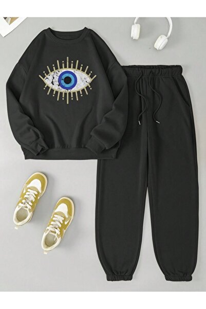 Mythologie Evil Eye Sweatshirt Sweatpants Jogger - Black Printed Bottom Top Tracksuit Set Crew Neck