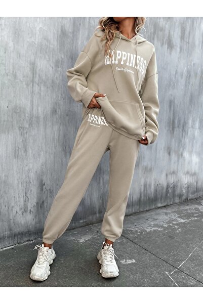 Cool Art Kadın Bej Happiness Alt Üst Eşofman Takımı Oversize Kapüşonlu