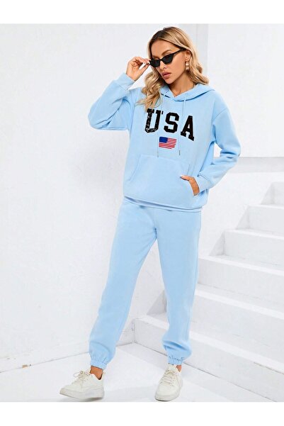 Cool Art Usa Bayrak Kapüşonlu Kombin Alt Üst Eşofman Takımı - Bebe Mavisi Baskılı Oversize Lastik Paça