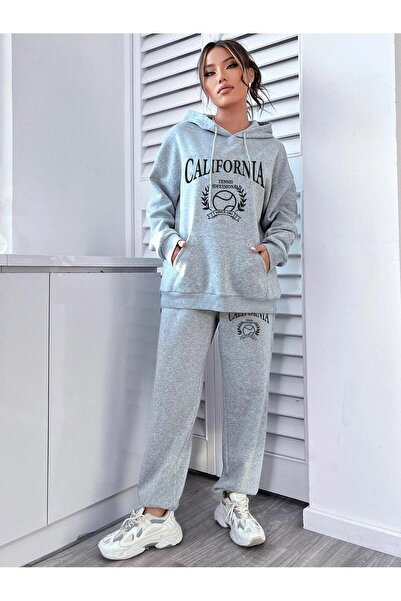 Mythologie Tenis Kapüşonlu Kombin Alt Üst Eşofman Takımı - Gri Baskılı Oversize Lastik Paça California Baskılı