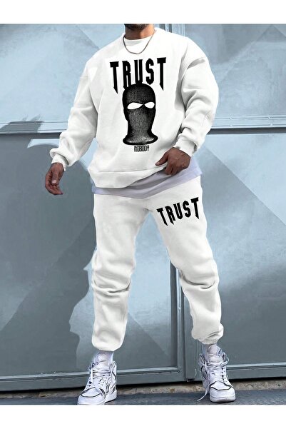 Mythologie Trust Nobody Sweatshirt Sweatpants Jogger - White Printed Bottom T...