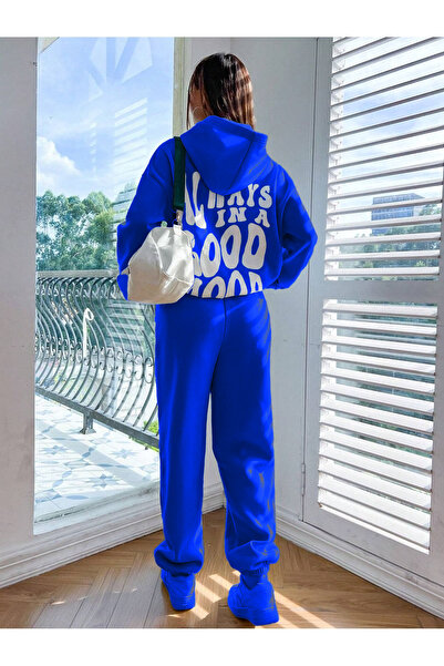 Cool Art Good Mood Kapüşonlu Kombin Unisex Alt Üst Eşofman Takımı - Sax Mavi Baskılı Oversize Lastik Paça