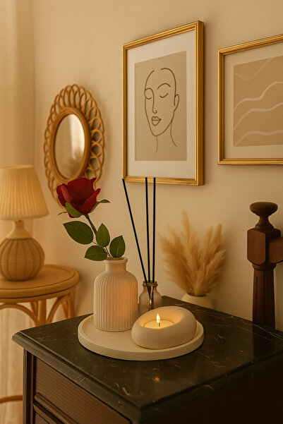 SZN HOME DESİGN Dekoratif 4’lü Set Çizgili Vazo Tealight Mumluk Ve Oda Kokusu...
