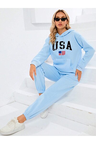 Cool Art Usa Bayrak Kapüşonlu Kombin Alt Üst Eşofman Takımı - Bebe Mavisi Baskılı Oversize Lastik Paça