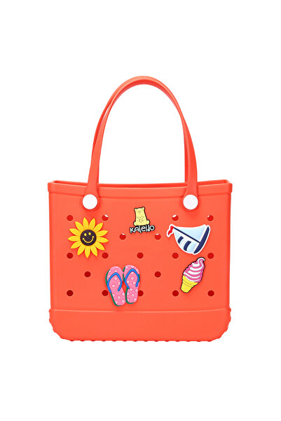 KALEIDO EVA Rubber Beach Tote Bag with 5 Summer Charms for Women & Family - (Orange - Large)