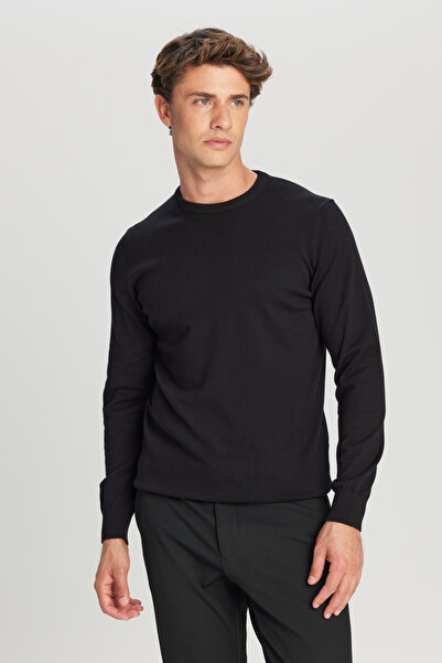 ALTINYILDIZ CLASSICS Men's Black Cotton Standard Fit Regular Cut Crew Neck Knitwear Sweater