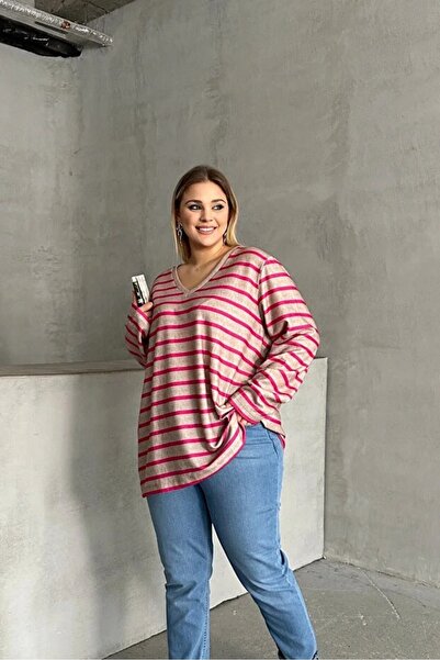 MAMAYAGA Women's V-Neck Plus Size Oversized Fit Wide Tunic Oversized Slit Striped Long Sleeve Curve Soft Blouse