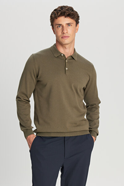 ALTINYILDIZ CLASSICS Men's Khaki Cotton Standard Fit Regular Cut Polo Neck Knitwear Sweater