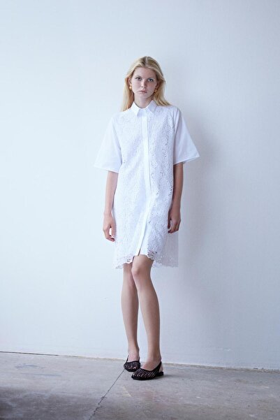 By Mare Style Leydie-Floral Lace Detailed Pure Cotton White Brode Shirt Dress