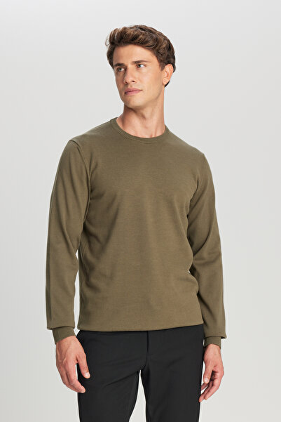 ALTINYILDIZ CLASSICS Men's Khaki Cotton Standard Fit Regular Cut Crew Neck Knitwear Sweater