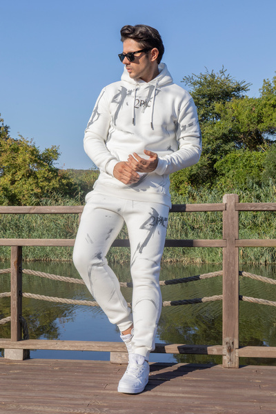 FRANCO RENZO Men's White 3 Thread Ribbed Tupac Printed Cotton Tracksuit Set