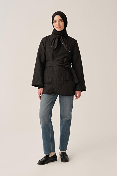 ALLDAY Black-Thin Quilted Double-Breasted Belted Jacket