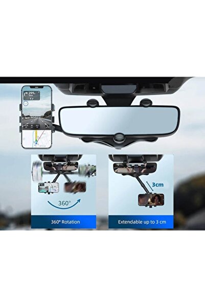 dalip Car Mount — Rearview Mirror Attachment, 360° Rotatable, Retractable, Carbon Finish, Black