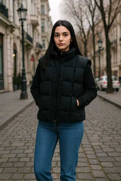 MODA Women's Stand-Up Collar Puffer Crop,Stand-Up Collar Puffer Vest,Stand-Up Collar Short Puffer Vest with Zipper
