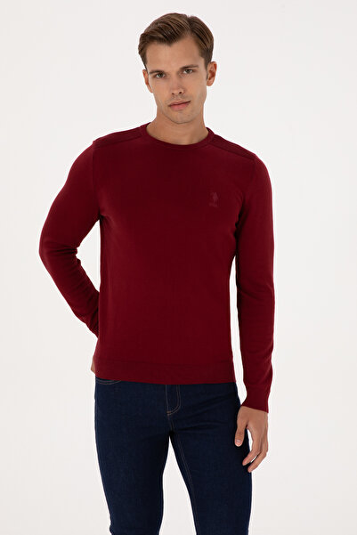 U.S. Polo Assn. Men's Slim Fit Crew Neck Claret Red Basic Sweater 50307779-Vr014
