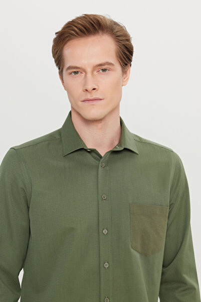 AC&Co / Altınyıldız Classics Erkek Haki Pamuklu Tailored Slim Fit Dar Kesim Klasik Yaka Armürlü Cepli Gömlek