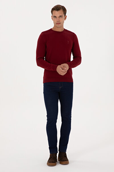 U.S. Polo Assn. Men's Slim Fit Crew Neck Claret Red Basic Sweater 50307779-Vr014