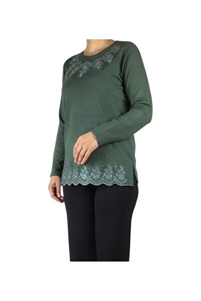 ECE GİYİM Women's Stone and Embroidered Seasonal Bluse with Collar and Hem