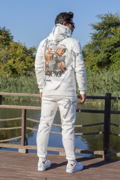 FRANCO RENZO Men's White 3 Thread Ribbed Tupac Printed Cotton Tracksuit Set