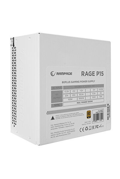 Rampage RAGE P15 1000W 80+ GOLD APFC 14cm HDB Fan FULL-MODULER ATX3.0+PCIe5.0 Beyaz Gaming Power Supply