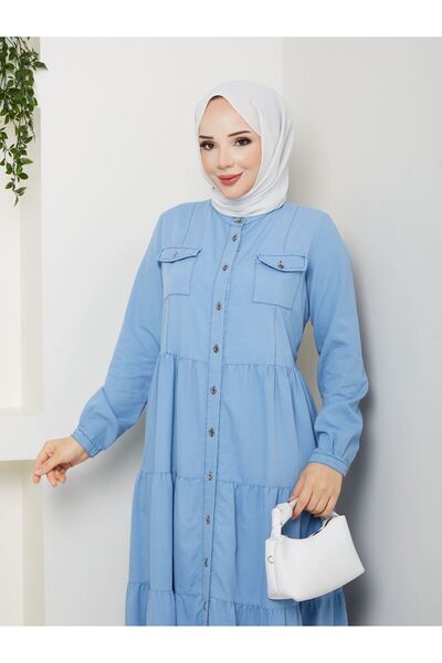 VELLICHOR Lace Detailed Natural Fabric Full Length Buttoned Denim Dress Dark Blue