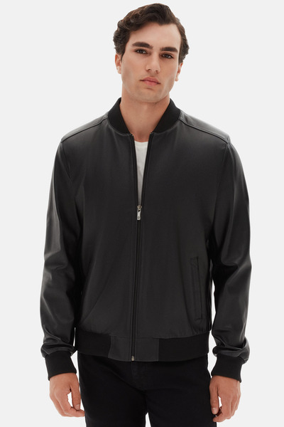 D'S Damat Ds Damat Regular Fit Black Plain Leather Coat