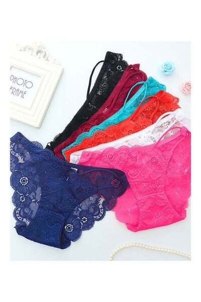 Generic ملابس داخلية نسائية شفافة من الدانتيل المجوف بخصر متوسط، سراويل داخلية قصيرة باللون الأزرق الداكن