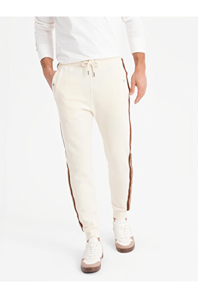 OMBRE Men's sweatpants with piping and ribbing on the legs - cream V3 OM-PASK-0258 S
