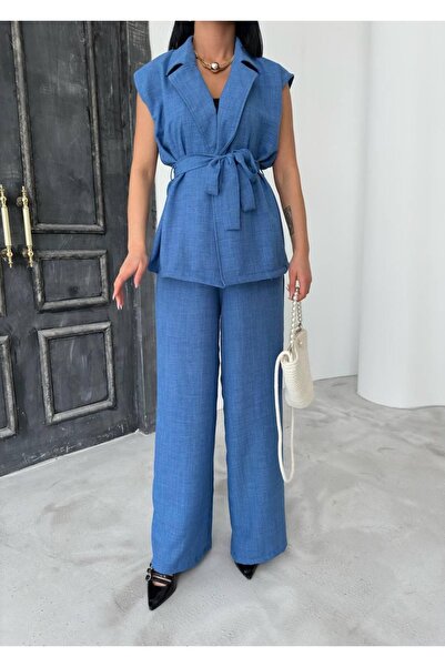 LOCH BUTİK Women's Blue Belted Vest Pants Premium Set