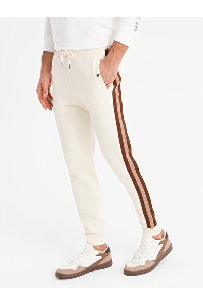 OMBRE Men's sweatpants with piping and ribbing on the legs - cream V3 OM-PASK-0258 S