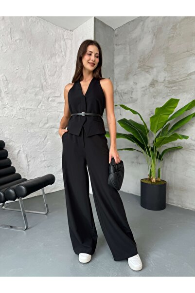 Elif Özbey Butik Black Belted Premium Vest Pants Set