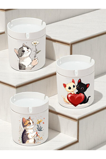 lili hediyelik Cute Cats Themed 3-Piece Ashtray Models - Odorless Ashtrays, Ceramic Ash Tray