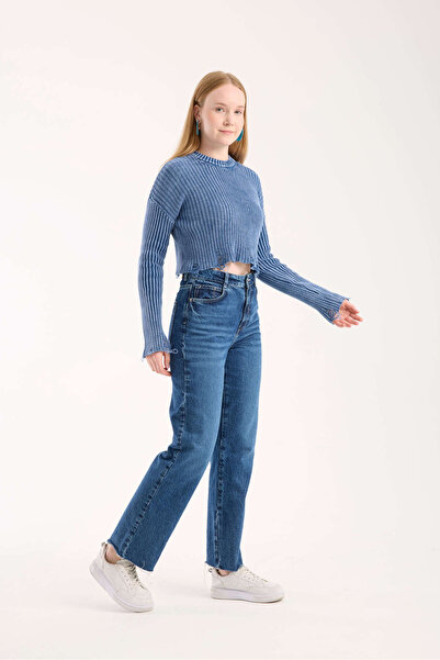 İLKCET MODA Ripped Blue Knitwear Crop Women's Sweater