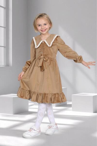 mhk burç bebe Girl's Velvet Ruffled Collar Dress - 3 - 10 Years Old - 6 Color Options - Beige