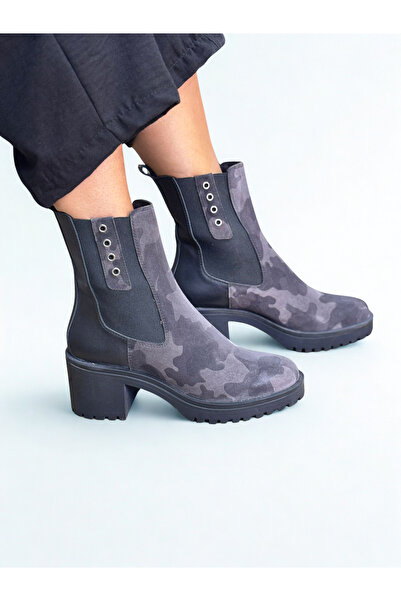 NE&VE SHOES Gri Kamuflaj Süet Hakiki Deri İki Yandan Lastikli Kadın Kalın Topuklu Chelsea Bot