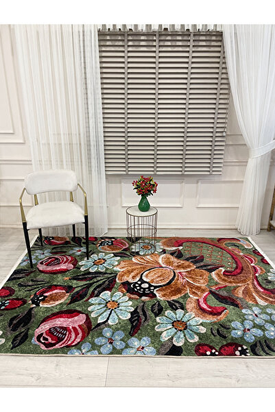 Brillant Yeşil Çiçek Desenli Floral Lateks Taban Halı