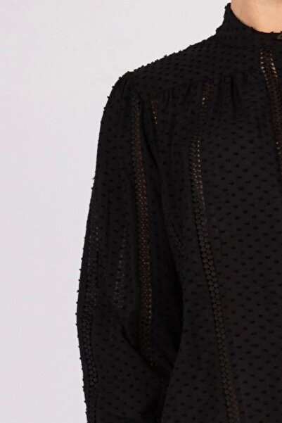 By Mare Style Orva-Hakim Yaka Pure Cotton Embroidered Black Shirt