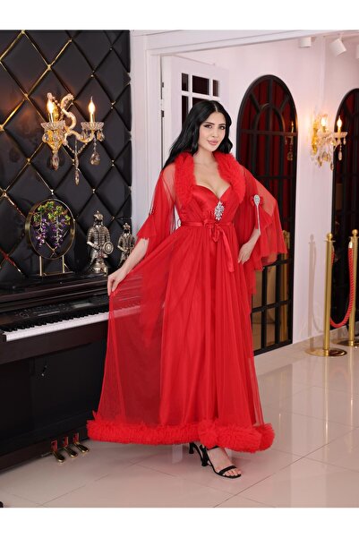 Limas lingerie ÖZEL TASARIM KRİSTAL DETAYLI ,TÜL 2 PARÇALI UZUN SABAHLIK