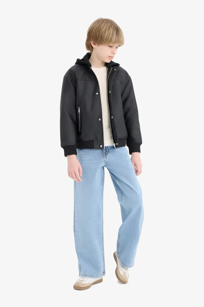 DeFacto C4321 Black Boy's Water Repellent Detachable Hood Plush Lining Bomber Jacket