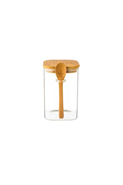 ORIAN Clear Square Glass Jar with Wooden Spoon for Sugar and Coffee with Wooden Lid 15.5cm
