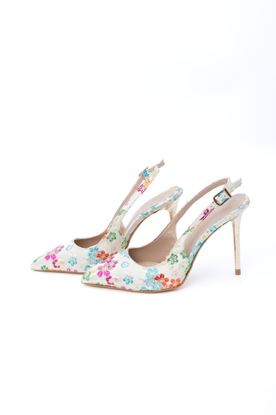 Letafia Oliva Floral Patterned Gold Heeled Shoes