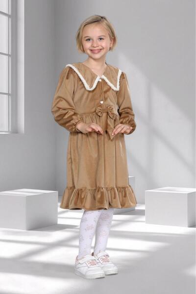 mhk burç bebe Girl's Velvet Ruffled Collar Dress - 3 - 10 Years Old - 6 Color Options - Beige