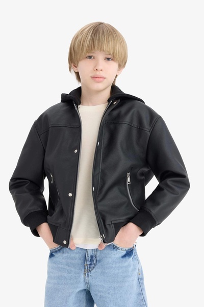 DeFacto C4321 Black Boy's Water Repellent Detachable Hood Plush Lining Bomber Jacket