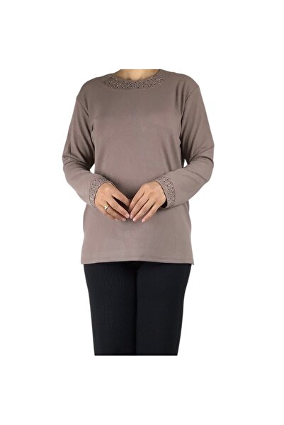 ECE GİYİM بلوزة نسائية موسمية مطرزة بالحجارة على الرقبة والكولاجين