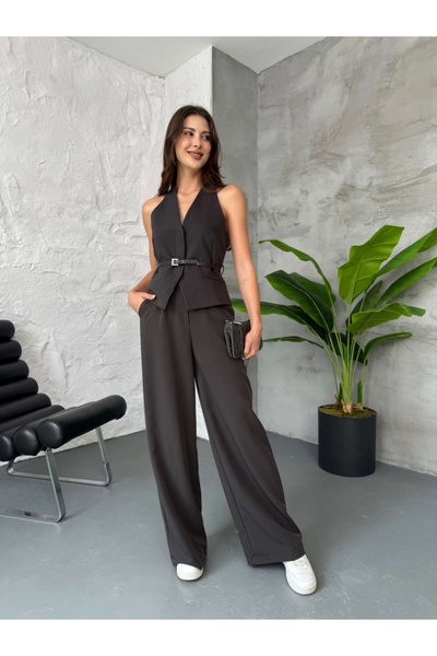 Elif Özbey Butik Brown Belted Premium Vest Pants Set